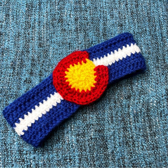 Hand Knit Colorado Flag Ear Warmer Headband Red Blue Yellow White - Picture 1 of 3